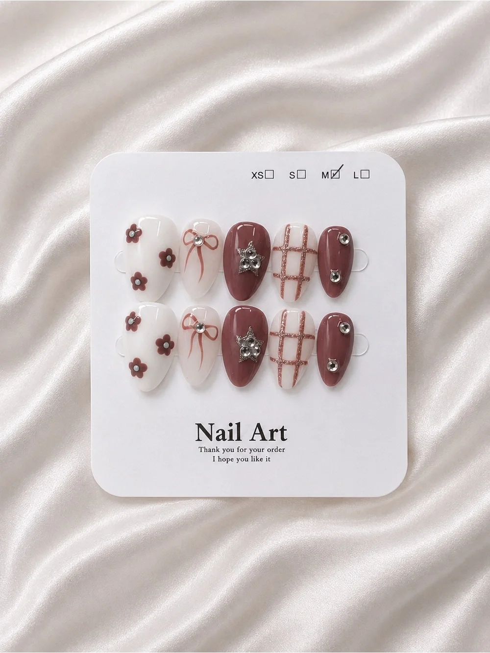 Mauve & White Floral Bow Design Press-On Nail Set | Sz Medium